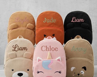 Personalized Corduroy Backpacks: Bear, Unicorn, Dog, Fox Designs