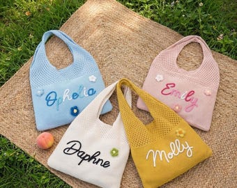 Personalized Knit Tote Bag: Hand-Embroidered Name, Summer Beach Bag