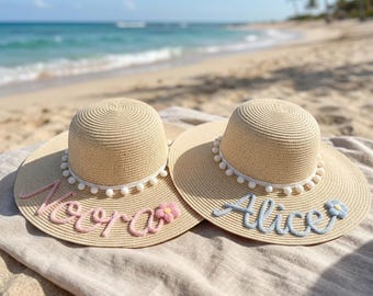Women’s Wide Brim Straw Sun Hat, Custom Embroidered Name Beach Hat