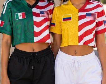 Split Flag Soccer Jersey Crop Top, Half and Half Football Fan Gifts