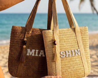 Personalized Straw Tote Bag: Natural Woven Beach Bag with Tassel Accent