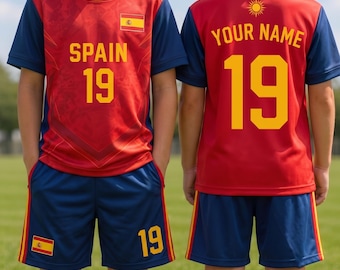 Custom Spain Soccer Jersey and Shorts Set, Personalized Football Fan Kids Gifts