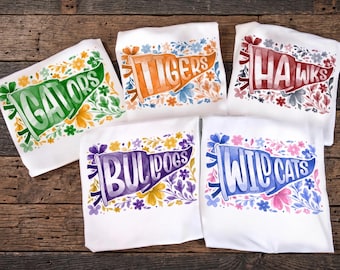 Custom Team Mascot Watercolor Pennant Flower Shirt, Floral School Spirit Tee