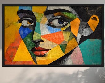 Cubist Woman Portrait Wall Art, Colorful Abstract Face Painting, Modern Cubism Canvas, Statement Wall Decor, Contemporary Home Decor