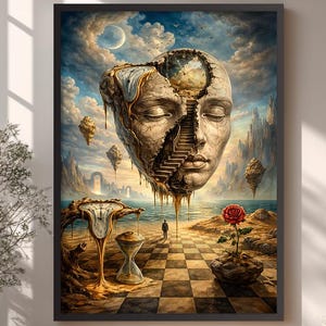 Peut inclure: Impression d'art surréaliste encadrée, représentant un visage humain avec un escalier, des horloges qui fondent et une rose rouge. L'œuvre d'art a une qualité onirique avec un sol en damier et des îles flottantes. La palette de couleurs comprend des bleus, des bruns et des ors.