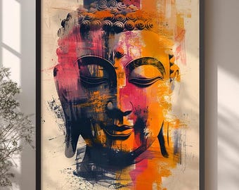 Puede incluir: Impresión artística enmarcada que representa una cabeza de Buda estilizada. La obra de arte utiliza pinceladas audaces en tonos naranja, rosa y azul. La impresión se exhibe en una habitación con luz natural y una planta en maceta.