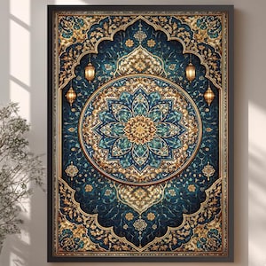 May include: A framed wall art piece featuring an intricate, ornate design. The artwork showcases a central circular motif with a floral pattern in shades of teal, gold, and cream, set against a dark teal background. Two small hanging lanterns flank the central design.