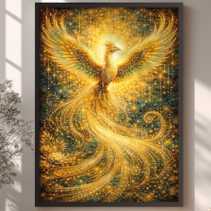 May include: A framed artwork depicts a golden phoenix with outstretched wings, set against a sparkling, dark background. The phoenix has intricate feather details and a flowing tail. The artwork is displayed in a room with natural light.