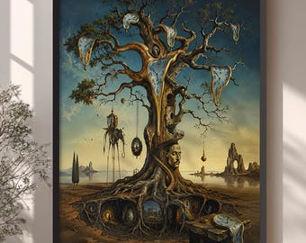 Surreal Tree of Life Framed Canvas Print, Salvador Dali Melting Clock Oversized Wall Decor
