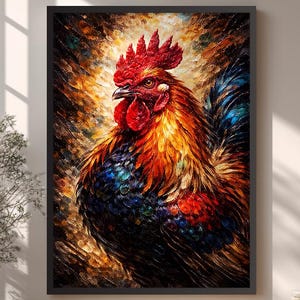 以下が含まれることがあります： 鮮やかな雄鶏を描いた額入りのアートワーク。雄鶏は赤い鶏冠と肉垂れで描かれ、羽は青、オレンジ、赤が混ざっています。アートワークは自然光が入る部屋に展示されています。