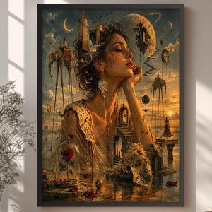 May include: A framed surrealist wall art print featuring a portrait of a person with eyes closed, surrounded by floating architectural structures, long-legged elephant figures, a red rose in a glass dome, and a golden sunset sky background.