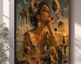 Salvador Dali Woman Clock Framed Canvas Art, Surreal Time Extra Large Wall Hanging