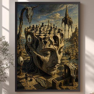 May include: Framed surrealist art print featuring a human head with a chessboard for a brain. The artwork includes melting clocks, chess pieces, and a landscape with floating giraffes. The color palette is muted with shades of brown, blue, and beige.