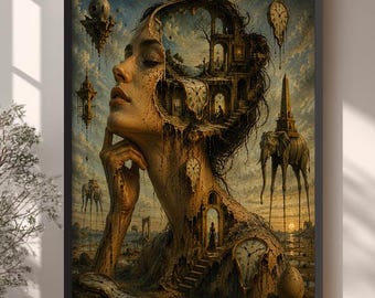 Surreal Woman Face Framed Wall Art, Salvador Dali Time Portrait Extra Large Wall Decor