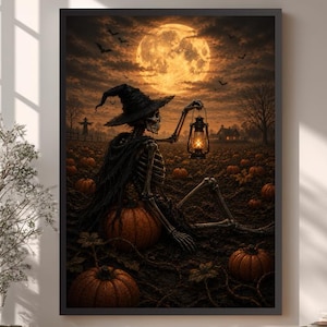 May include: A framed wall art print depicting a skeleton wearing a witch hat and a dark cloak, sitting in a pumpkin patch at night. The skeleton holds a glowing lantern under a large, bright full moon in a cloudy sky with flying bats.