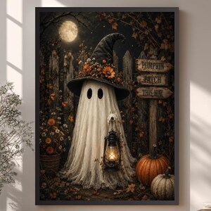 May include: A framed wall art print depicting a ghost wearing a witch hat adorned with orange flowers, holding a lit lantern. The scene includes a wooden signpost reading Pumpkin Patch This Way, pumpkins, and a full moon in a dark night setting.