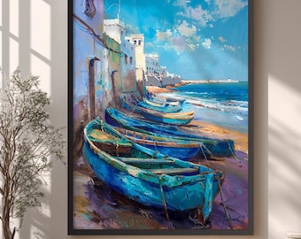 Coastal Blue Boat Painting Art Print, Seaside Home Decor