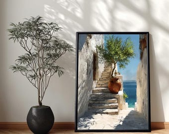 Coastal Oil Painting Framed Canvas, Mediterranean Landscape Extra Large Wall Art