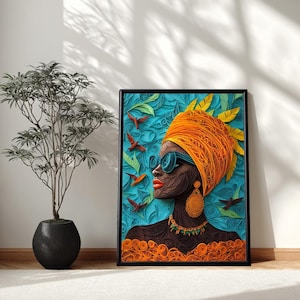 Afrikanische Frau Wandkunst, Ethnische moderne Wohnkultur Leinwand, bunte Quilling Stil Porträt, lebendige afrozentrische Wandkunst, handgemachte Stil Kunst