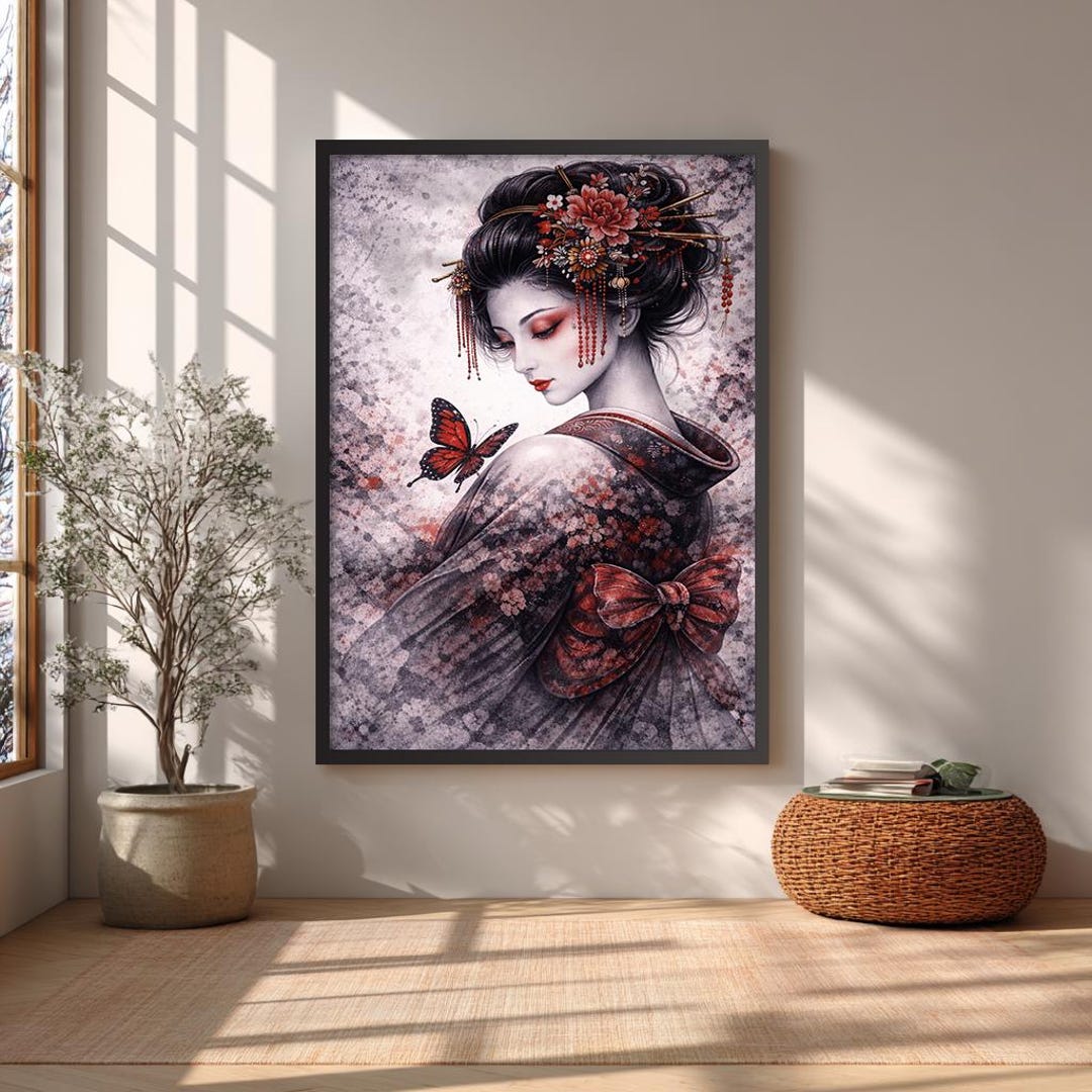 Japanese Geisha Framed Canvas Art Print, Butterfly Geisha Elegant Extra ...