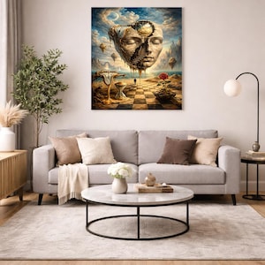 May include: A surreal art print featuring a floating face with a staircase, a checkerboard path, and a red rose. The artwork has a dreamlike quality with a cloudy sky and floating islands. The color palette includes shades of brown, blue, and gold.