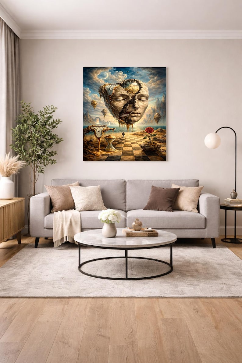 May include: A surreal art print featuring a floating face with a staircase, a checkerboard path, and a red rose. The artwork has a dreamlike quality with a cloudy sky and floating islands. The color palette includes shades of brown, blue, and gold.