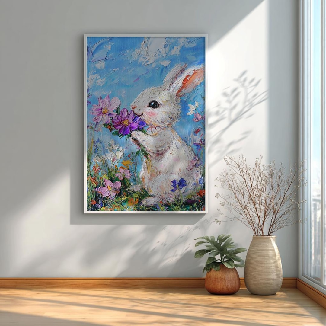 Cute Bunny Wall Art, Colorful Rabbit Oil Painting, Nursery Wall Decor ...