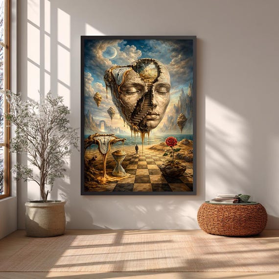 Surreal Time Framed Canvas Wall Art, Melting Clocks & Human Face Large Art Print