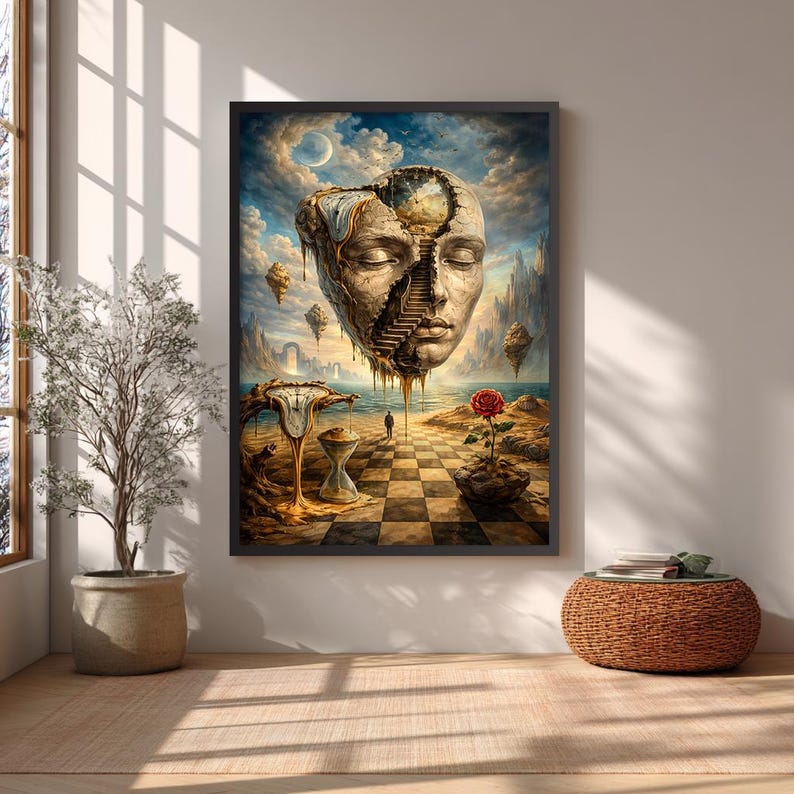 Surreal Dalí style wall art featuring melting clocks, fractured human face, time symbolism and dreamlike landscape, modern surreal art print