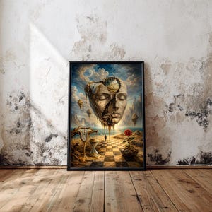 May include: Framed surrealist art print featuring a floating face with a staircase, a melting clock, and a red rose. The artwork has a dreamlike quality with a checkerboard floor and a serene sky. The print is in a black frame.