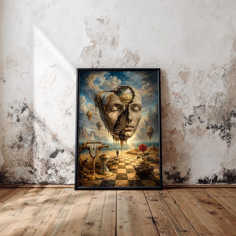 May include: Framed surrealist art print featuring a floating face with a staircase, a melting clock, and a red rose. The artwork has a dreamlike quality with a checkerboard floor and a serene sky. The print is in a black frame.