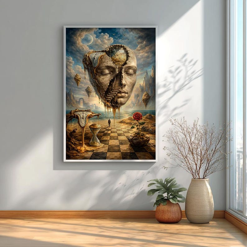 Surreal time artwork with floating face, melting clocks and hourglass, dreamlike fantasy wall art inspired by Salvador Dali