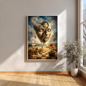 May include: A framed surrealist art print featuring a floating face with a staircase, a melting clock, and a rose. The artwork has a dreamlike quality with a checkerboard ground, a sea, and a cloudy sky. The color palette includes browns, blues, and gold.