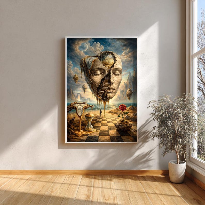 May include: A framed surrealist art print featuring a floating face with a staircase, a melting clock, and a rose. The artwork has a dreamlike quality with a checkerboard ground, a sea, and a cloudy sky. The color palette includes browns, blues, and gold.