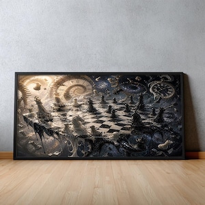 May include: A rectangular framed wall art print featuring a surreal, dark-toned chess board scene. The board appears to be melting or dissolving into a cosmic void, surrounded by floating clock faces, swirling gears, and scattered chess pieces.