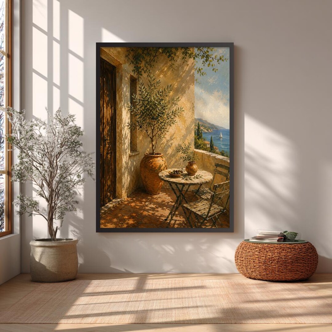 Olive Tree Terrace Framed Canvas Art, Mediterranean Coastal Extra Large ...