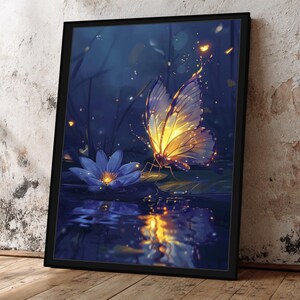 Butterfly Framed Wall Art, Blue Lotus Flower Extra Large Canvas, Fantasy Nature Wall Decor