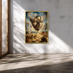May include: A framed surrealist art print featuring a floating face with a staircase, a melting clock, and a red rose. The artwork has a gold frame and is set against a cloudy sky and checkered ground. The color palette includes beige, blue, and gold.