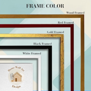 May include: Image showcasing a variety of picture frame colors. The options include wood, red, gold, black, and white frames. The text "FRAME COLOR" is at the top, with each frame type labeled. A sample of "Home Wall Art Design" is visible.