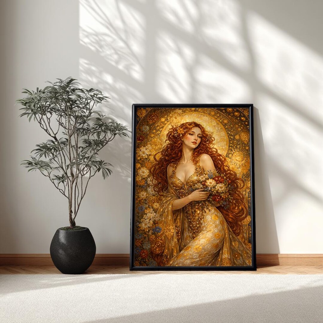 Gustav Klimt Golden Goddess Canvas, Floral Woman Art Nouveau Portrait ...
