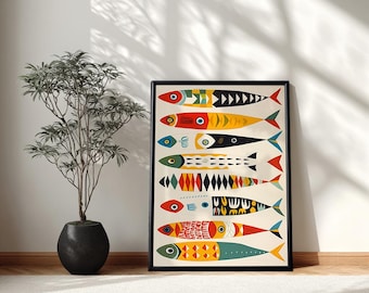 Scandinavian Fish Oversized Wall Art, Mid Century Modern Nautical Framed Wall Decor