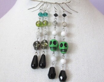 Agender and or Aromantic Pride Flag with Skull Beaded Dangle Drop Earrings