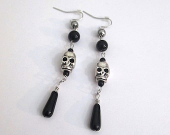 Long Black and Silver Skull Beaded Dangle Earrings