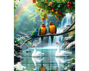 May include: A wall calendar for April 2027 featuring a vibrant illustration of three colourful parrots perched on a tree branch above a waterfall and two white swans swimming in a pond, with white daisies and the text Son of Palestine at the bottom.