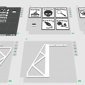 May include: A collection of white signs with black text and graphics, including categories like "Mystery," "Horror," and "Fantasy." Additional signs feature a castle, skull, magnifying glass, and other symbols. Also included are architectural elements.