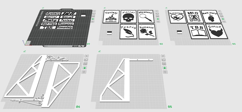 May include: A collection of white signs with black text and graphics, including categories like "Mystery," "Horror," and "Fantasy." Additional signs feature a castle, skull, magnifying glass, and other symbols. Also included are architectural elements.