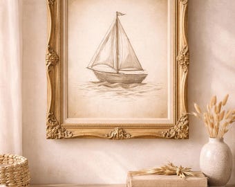 Vintage Sailboat Wall Art, Neutral Coastal Nursery Decor (Digital Download)