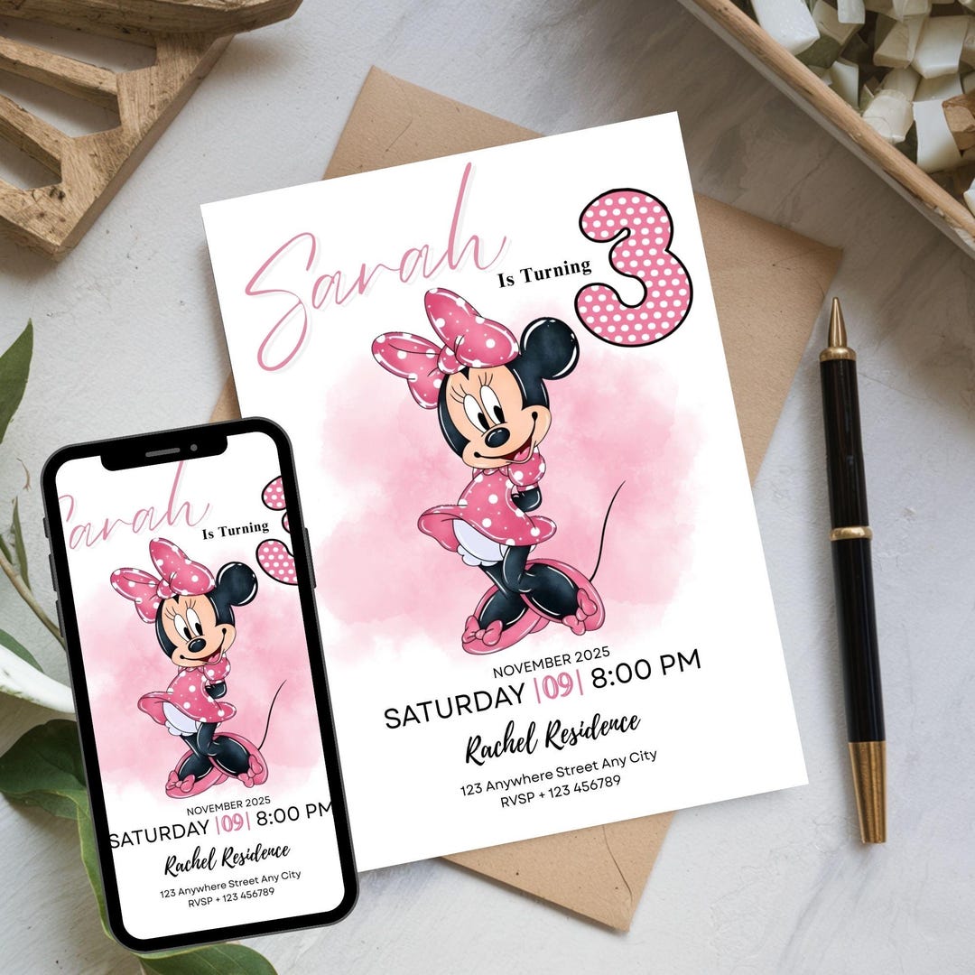Editable Pink Minnie Mouse 3rd Birthday Invitation Printable, Girl ...