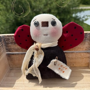 May include: A handmade fabric ladybug doll with a cream-colored head, black body, and red wings with black spots. The doll has button eyes, rosy cheeks, and a small tag that reads "LOVE BUG". The doll is displayed in a wooden box.
