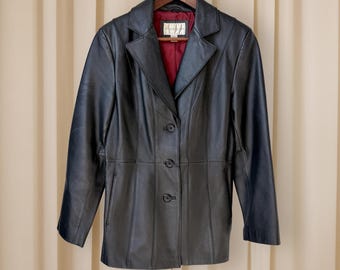 Vintage Black Leather Blazer Jacket – Worthington M – 100% Genuine Leather Coat, Minimalist Y2K Style